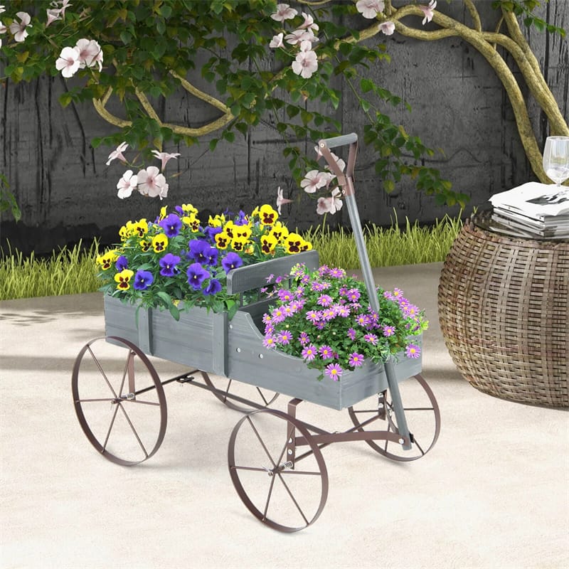 Rustic Wooden Wagon Planter, Decorative Garden Flower Cart with Metal Wheels & Adjustable Handle, Large Raised Bed Plant Stand for Patio Yard
