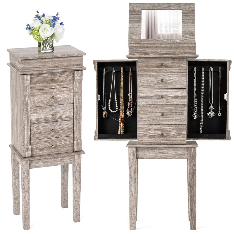 Standing Jewelry Armoire Cabinet with Flip Top Mirror, 5 Drawers & 2 Swing Doors - Product image 1