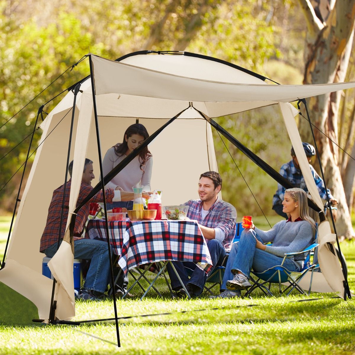 Camping Tent for 8-10 People Dome Tent with Vestibule and Mosquito Net Zippered Door Portable Tent with Carry Bag 300x300x250cm Beige -