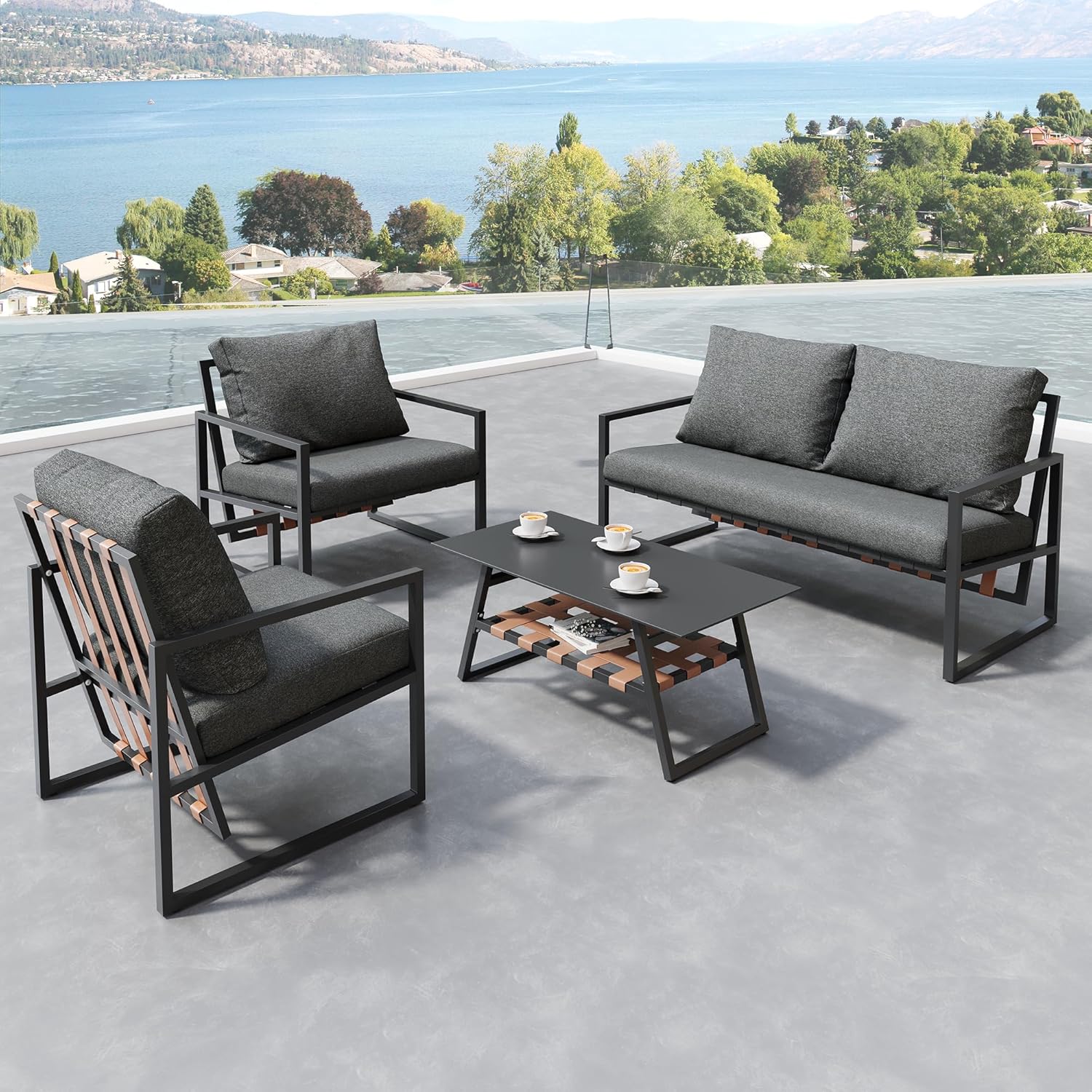 Garden furniture, garden furniture for 4 people, with sofa, coffee table and cushions, removable and washable fabric cover, black (seat cushions included)