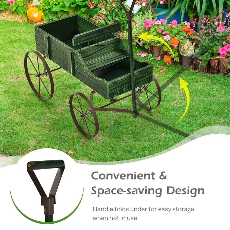 Rustic Wooden Wagon Planter, Decorative Garden Flower Cart with Metal Wheels & Adjustable Handle, Large Raised Bed Plant Stand for Patio Yard