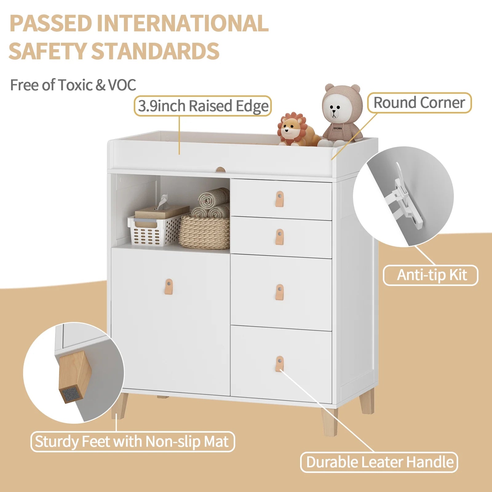 OXYLIFE 45" Baby Nursery Changing Table Dresser with 4 Drawers and Shelf for Nursery Room, White - Product image 72