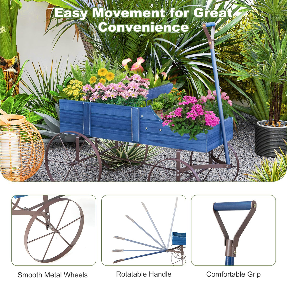 Rustic Wooden Wagon Planter, Decorative Garden Flower Cart with Metal Wheels & Adjustable Handle, Large Raised Bed Plant Stand for Patio Yard