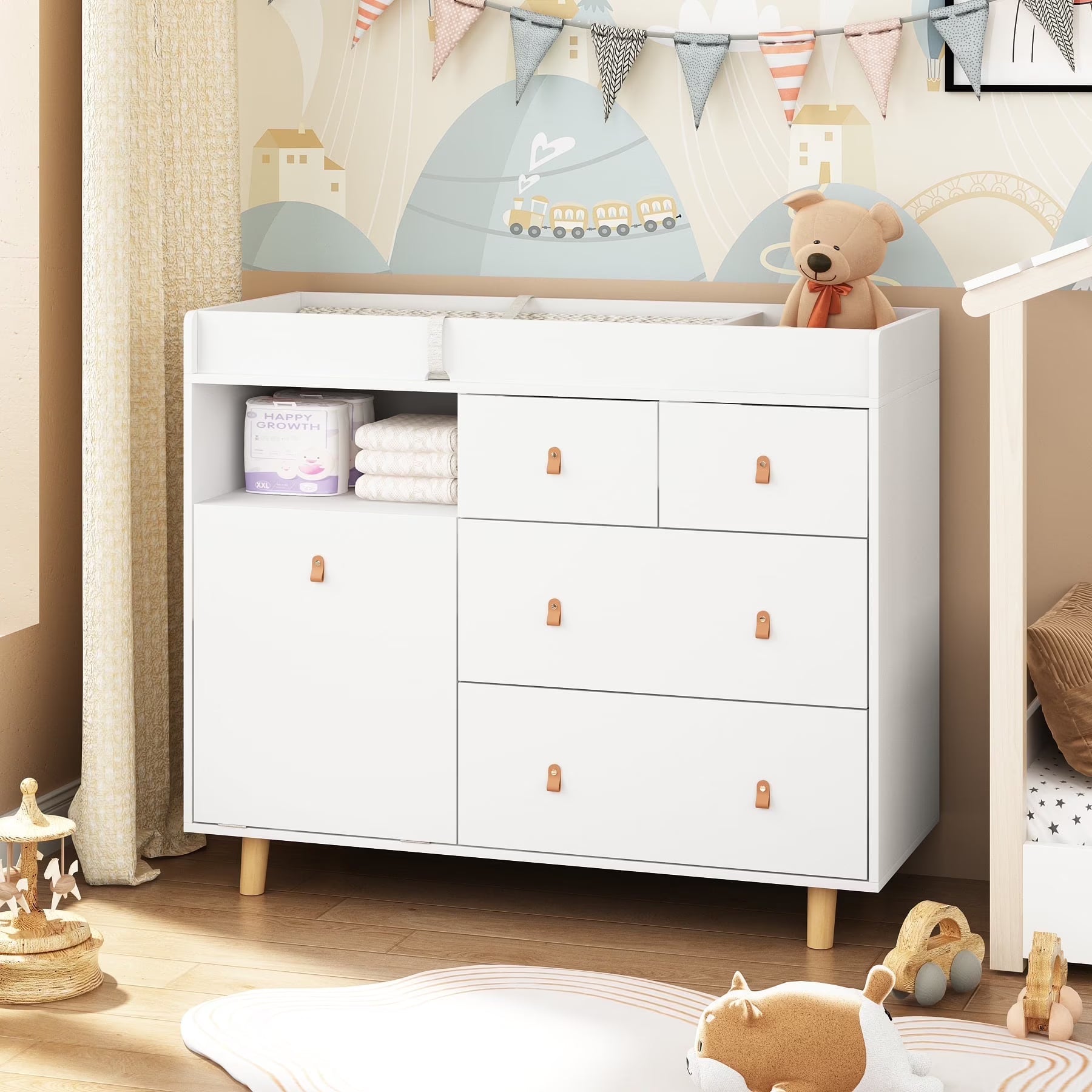 OXYLIFE 45" Baby Nursery Changing Table Dresser with 4 Drawers and Shelf for Nursery Room, White - Product image 1