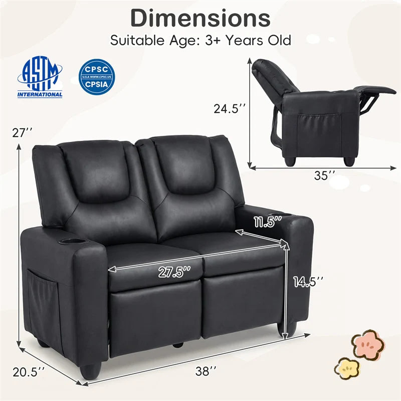 2-Seater Kids Recliner, PU Leather Reclining Loveseat with Cup Holders & 2 Side Storage Pockets - Product image 20