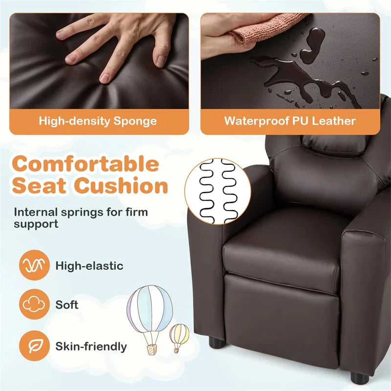 Kids Recliner Chair with Cup Holder & Side Pocket, Adjustable Toddler Lounge Sofa, Ergonomic Children Armchairs for Boys Girls Age 3+, 150lbs