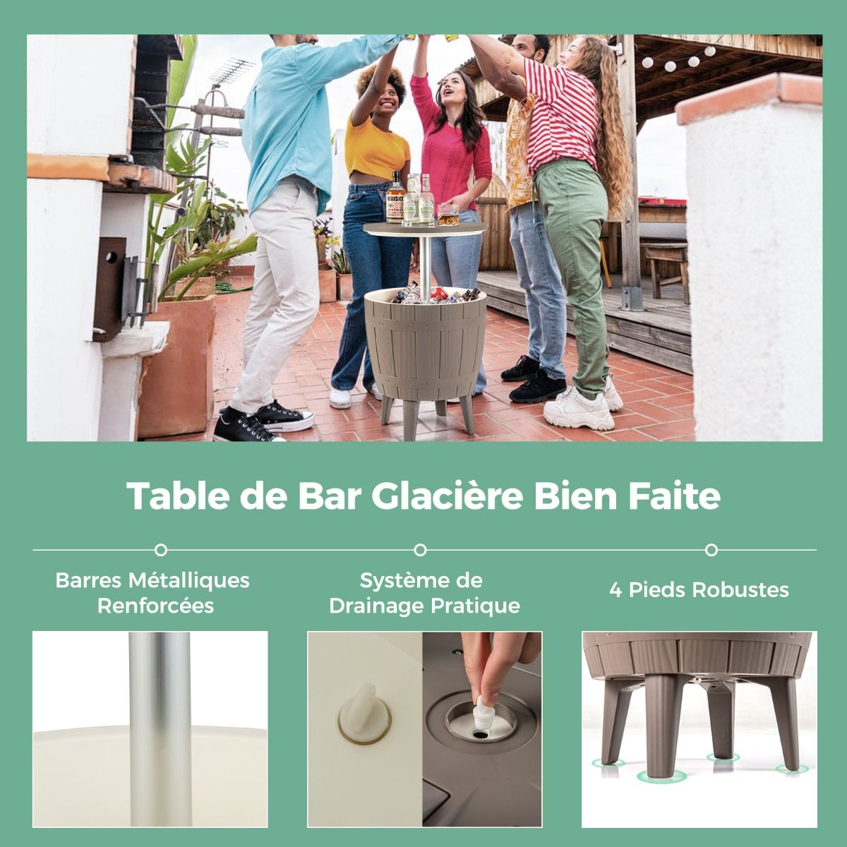 37L Cooler Table for Garden 3 in 1 with Telescopic Tray Outdoor Ice Bucket for Beer Cocktails Ø48x58/83cm Brown+White -