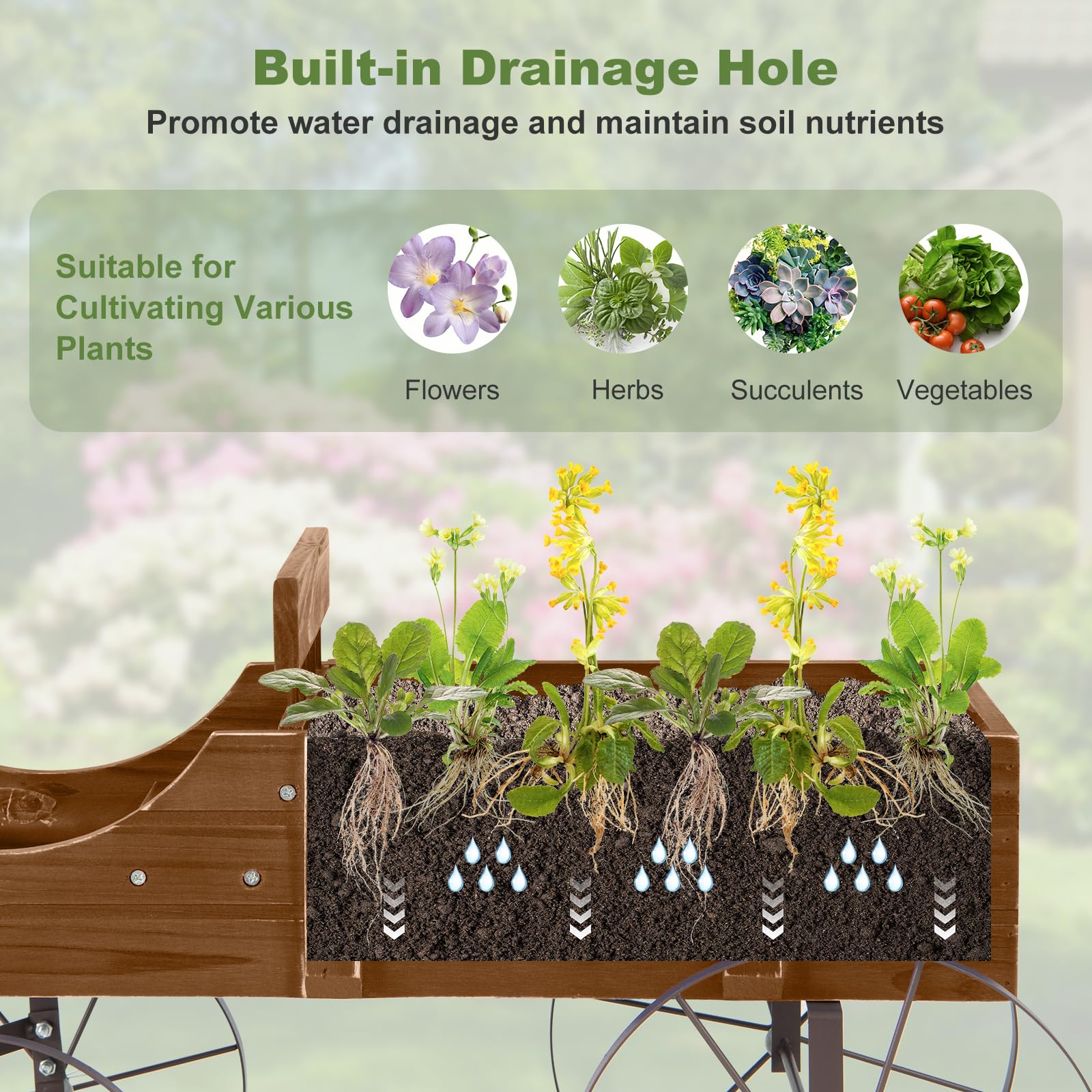 Rustic Wooden Wagon Planter, Decorative Garden Flower Cart with Metal Wheels & Adjustable Handle, Large Raised Bed Plant Stand for Patio Yard