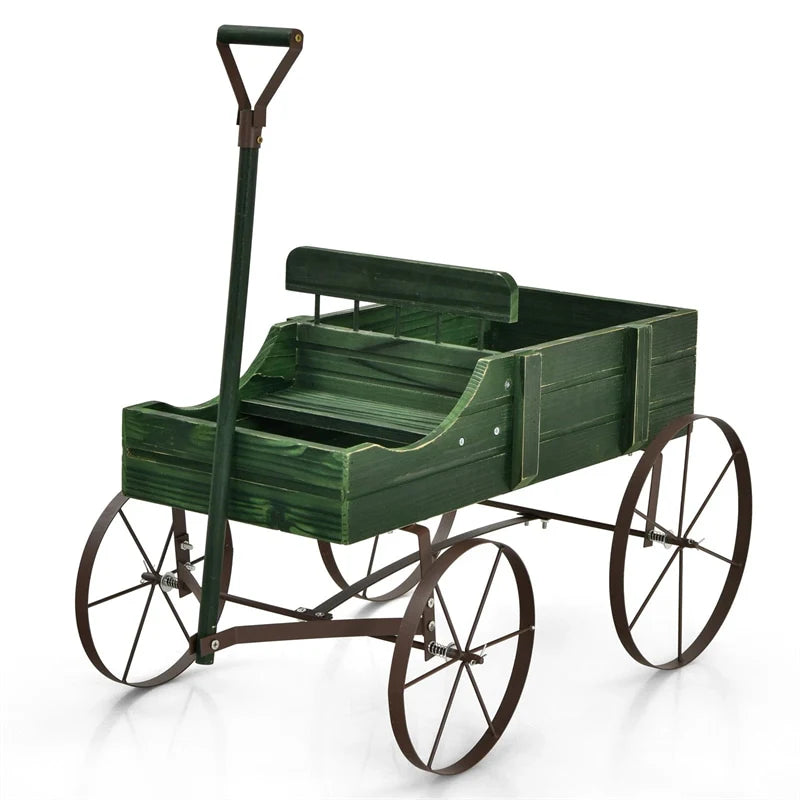 Rustic Wooden Wagon Planter, Decorative Garden Flower Cart with Metal Wheels & Adjustable Handle, Large Raised Bed Plant Stand for Patio Yard