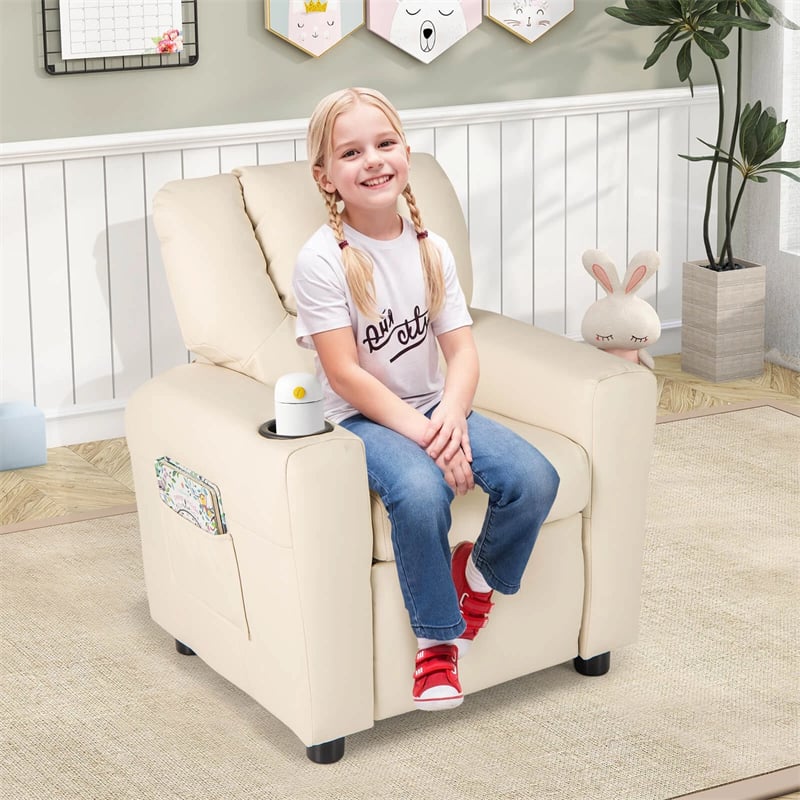 Kids Recliner Chair with Cup Holder & Side Pocket, Adjustable Toddler Lounge Sofa, Ergonomic Children Armchairs for Boys Girls Age 3+, 150lbs