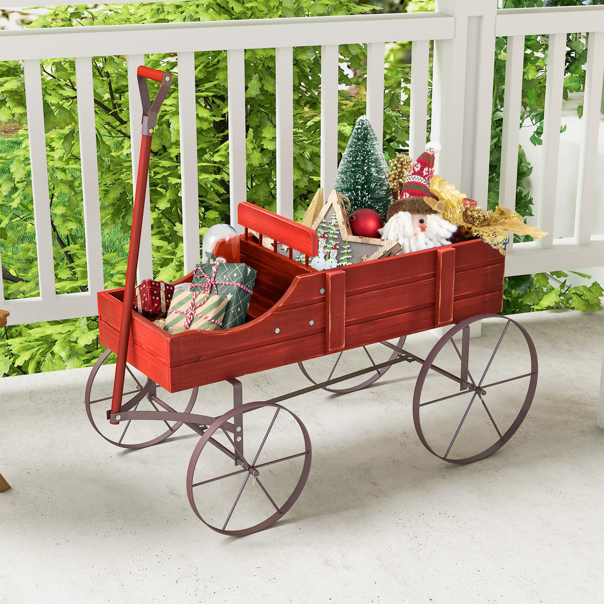 Rustic Wooden Wagon Planter, Decorative Garden Flower Cart with Metal Wheels & Adjustable Handle, Large Raised Bed Plant Stand for Patio Yard