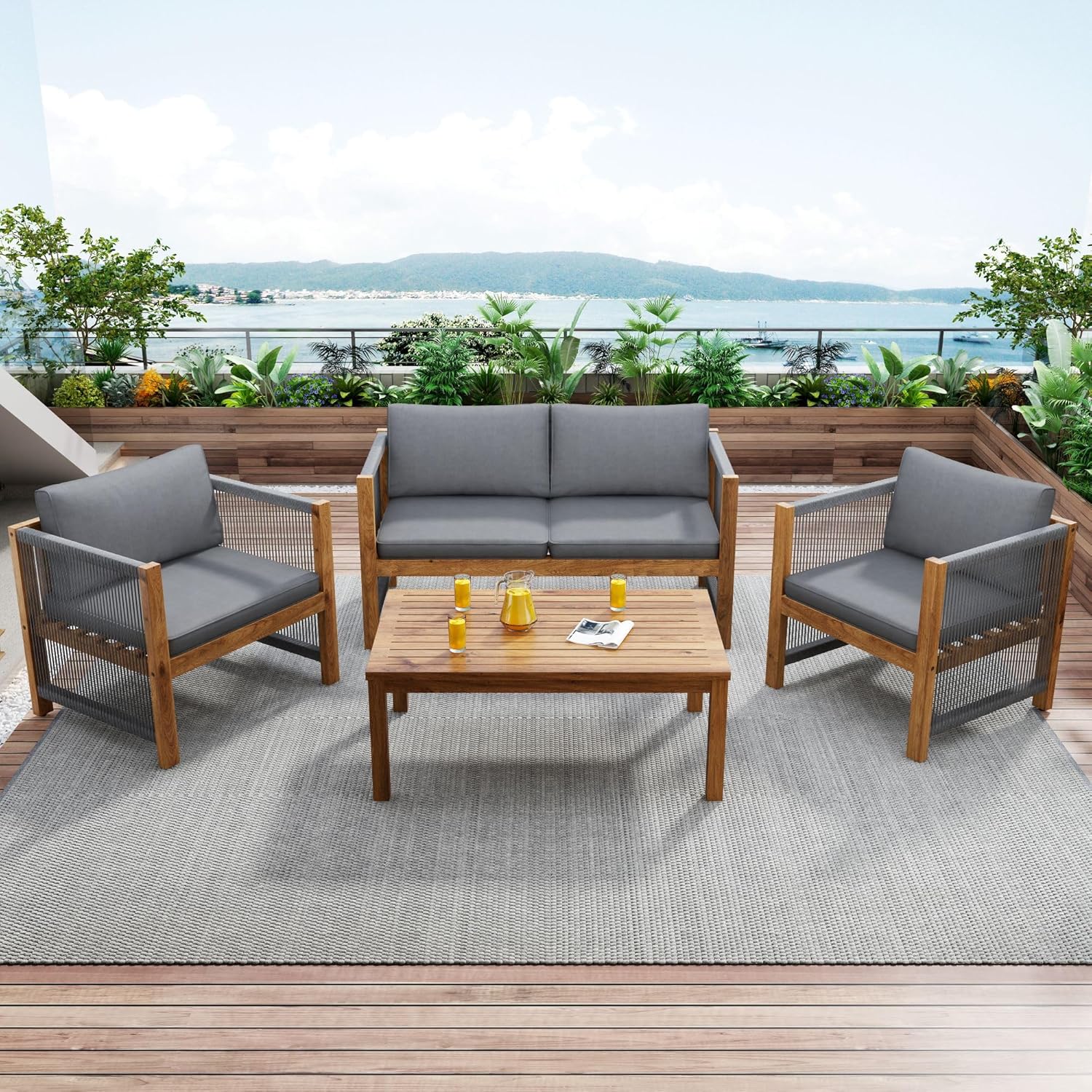 Garden furniture, garden furniture for 4 people, with sofa, coffee table and cushions, removable and washable fabric cover, black (seat cushions included)
