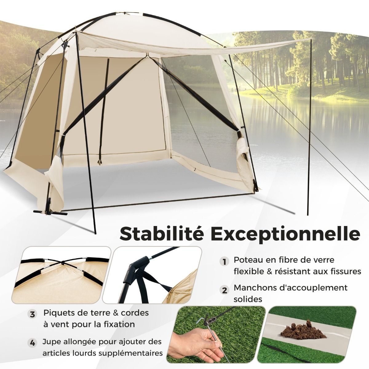 Camping Tent for 8-10 People Dome Tent with Vestibule and Mosquito Net Zippered Door Portable Tent with Carry Bag 300x300x250cm Beige -
