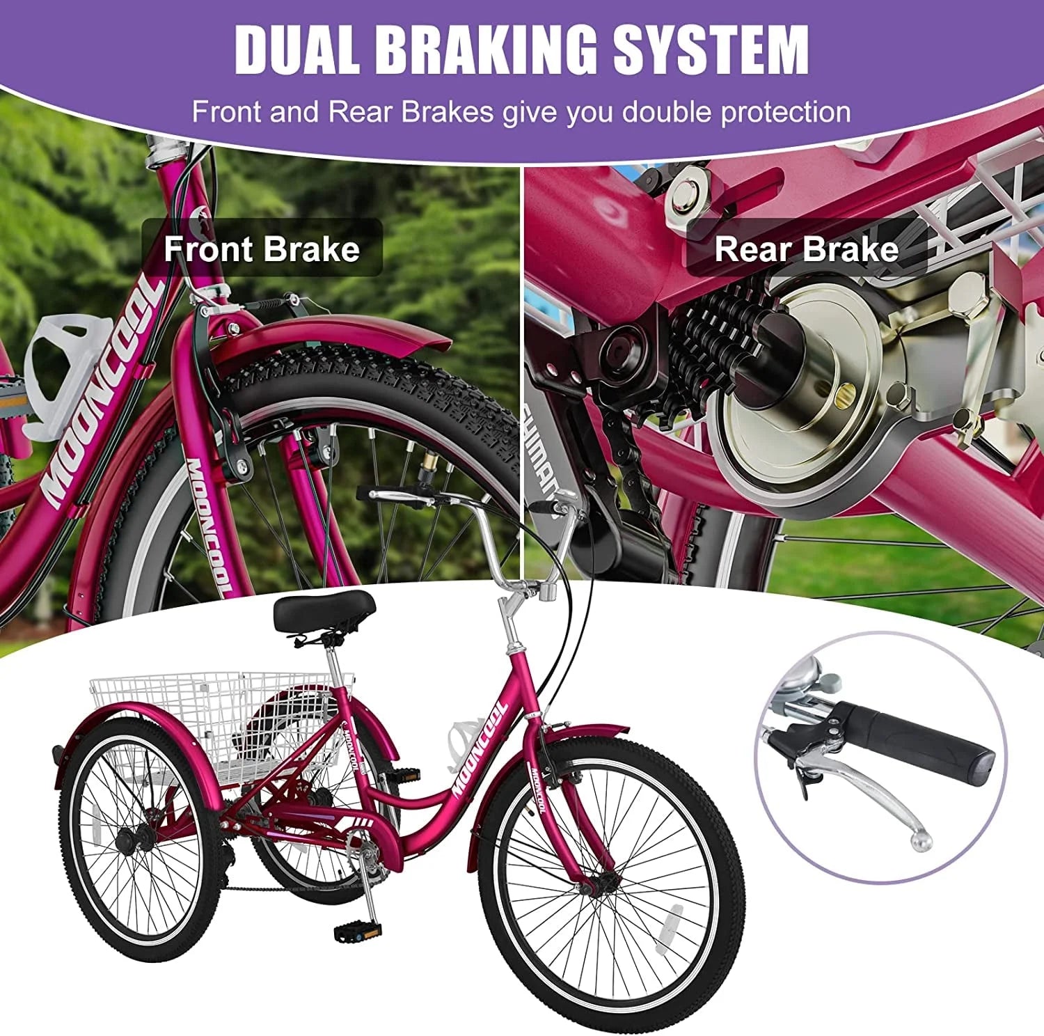 MOONCOOL Adult Tricycles with Rear Basket & Inflator, 24 26 in 7 Speed 3 Wheel Bikes, Three - Product image 65