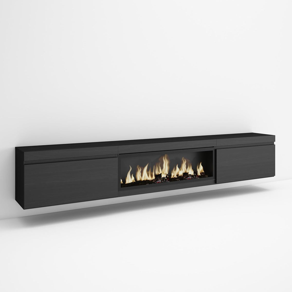 Skraut Home | TV cabinet | TV Bench | Large Storage Space | 267x45x35 cm | Large Format TV | XXL electric fireplace | Suspended, Wall | Modern Style | Black