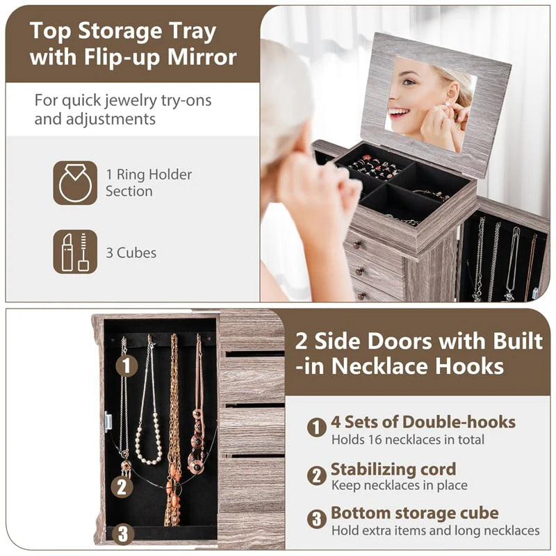 Standing Jewelry Armoire Cabinet with Flip Top Mirror, 5 Drawers & 2 Swing Doors - Product image 9