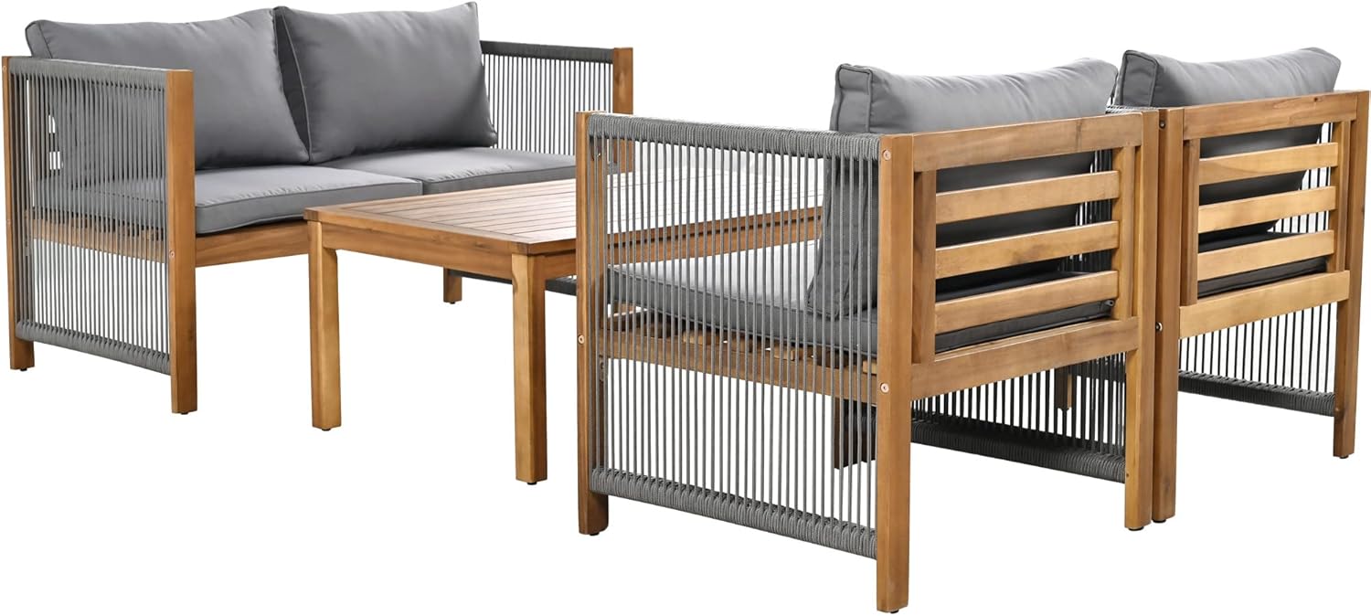 Garden furniture, garden furniture for 4 people, with sofa, coffee table and cushions, removable and washable fabric cover, black (seat cushions included)