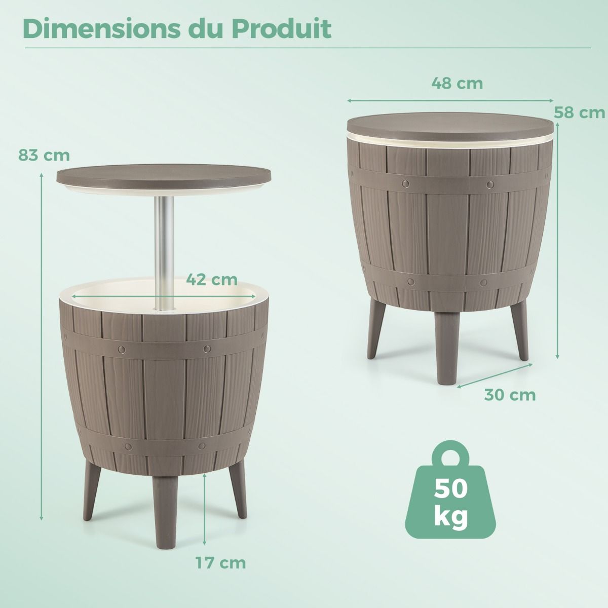 37L Cooler Table for Garden 3 in 1 with Telescopic Tray Outdoor Ice Bucket for Beer Cocktails Ø48x58/83cm Brown+White -