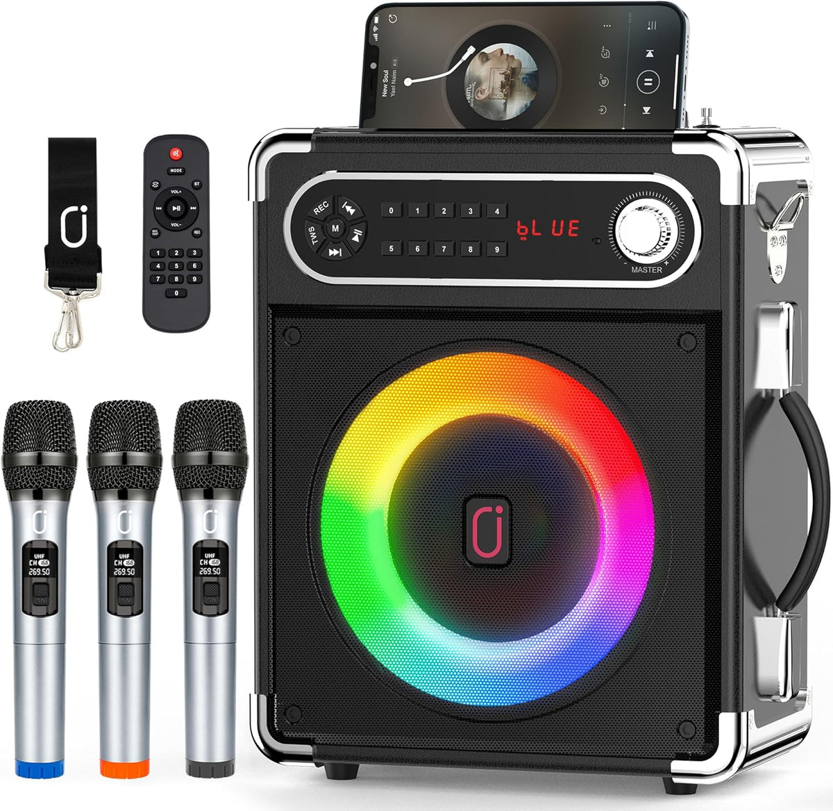 JYX Karaoke Machine, with 3 Wireless Microphones and DJ Lights, Bluetooth Speaker for Family Gatherings/Outdoor Camping/Beach Party