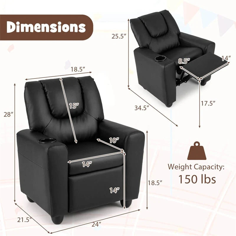 Kids Recliner Chair with Cup Holder & Side Pocket, Adjustable Toddler Lounge Sofa, Ergonomic Children Armchairs for Boys Girls Age 3+, 150lbs