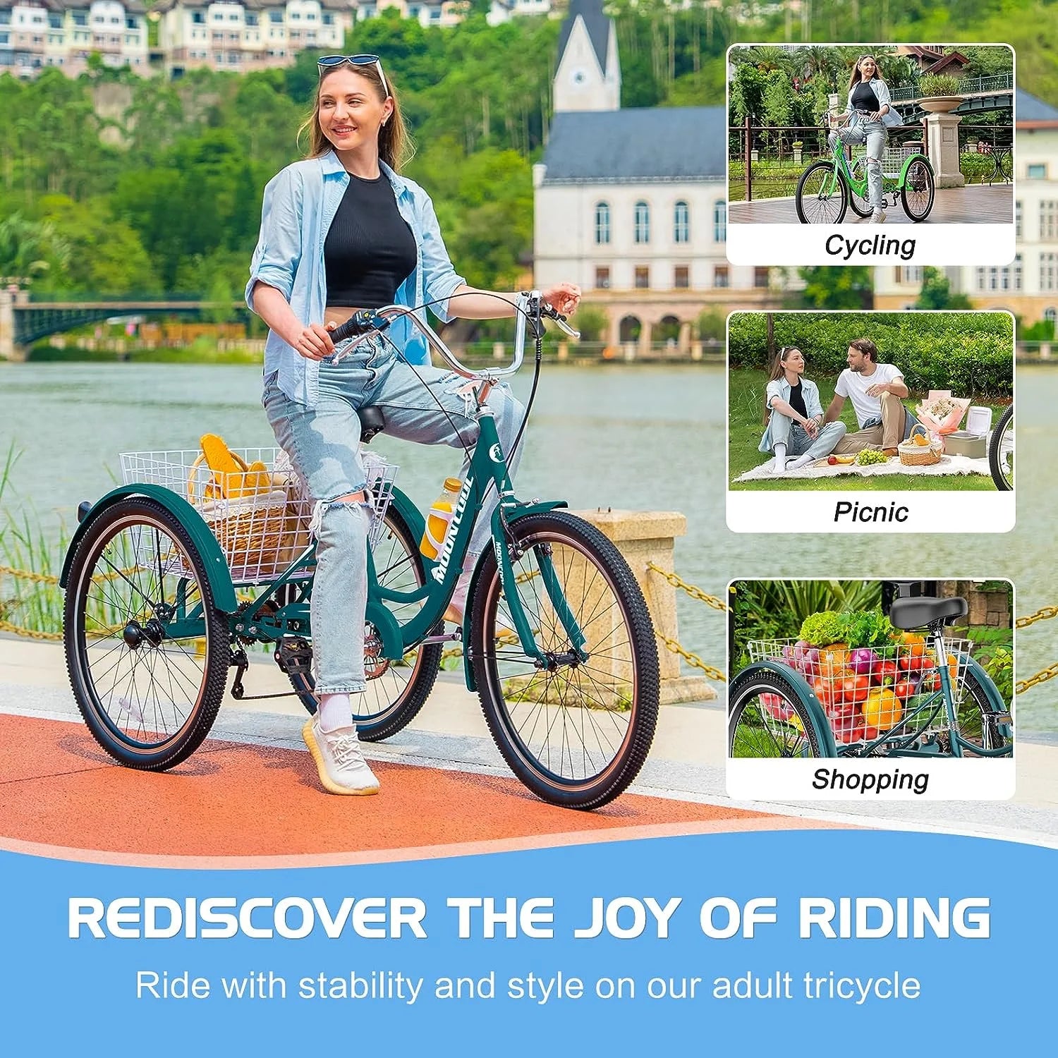 MOONCOOL Adult Tricycles with Rear Basket & Inflator, 24 26 in 7 Speed 3 Wheel Bikes, Three - Product image 95