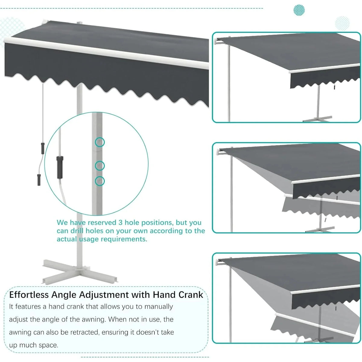 AECOJOY Free Standing Retractable Awning, 13'x10' Patio Awnings Outdoor Manual Sun Shade Shelter, Dark Grey - Product image 7