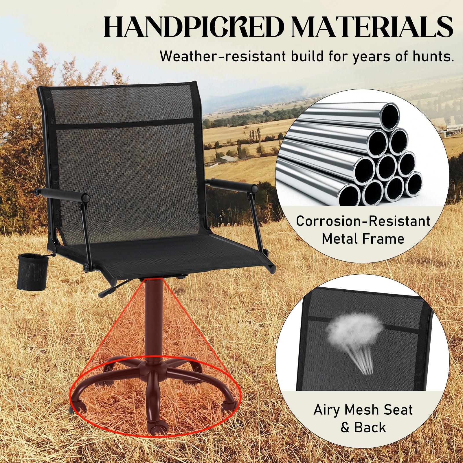 AECOJOY Hunting Swivel Chair, Adjustable Height, Foldable Backrest, Sturdy Frame for Long Hunts - Product image 7