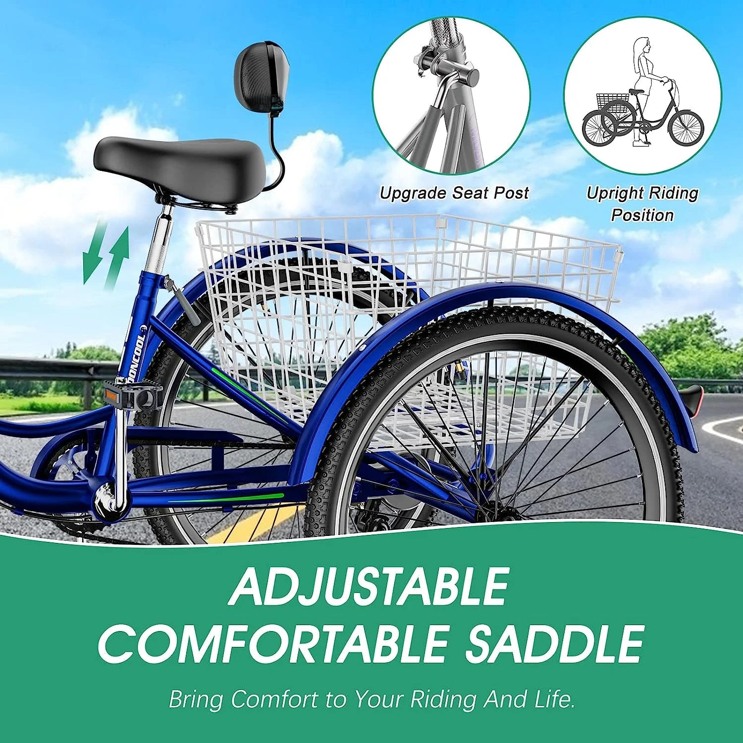 MOONCOOL Adult Tricycles with Rear Basket & Inflator, 24 26 in 7 Speed 3 Wheel Bikes, Three - Product image 78