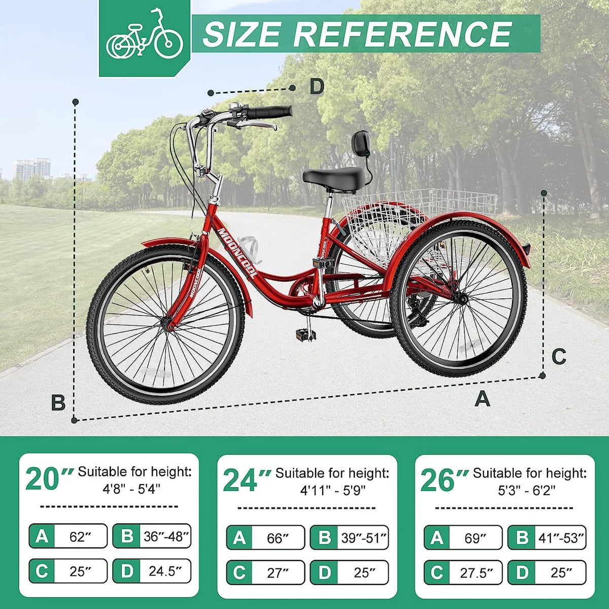 MOONCOOL Adult Tricycles with Rear Basket & Inflator, 24 26 in 7 Speed 3 Wheel Bikes, Three - Product image 29