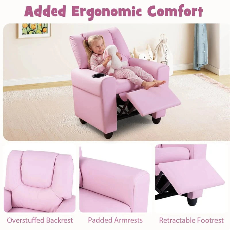 Kids Recliner Chair with Cup Holder & Side Pocket, Adjustable Toddler Lounge Sofa, Ergonomic Children Armchairs for Boys Girls Age 3+, 150lbs