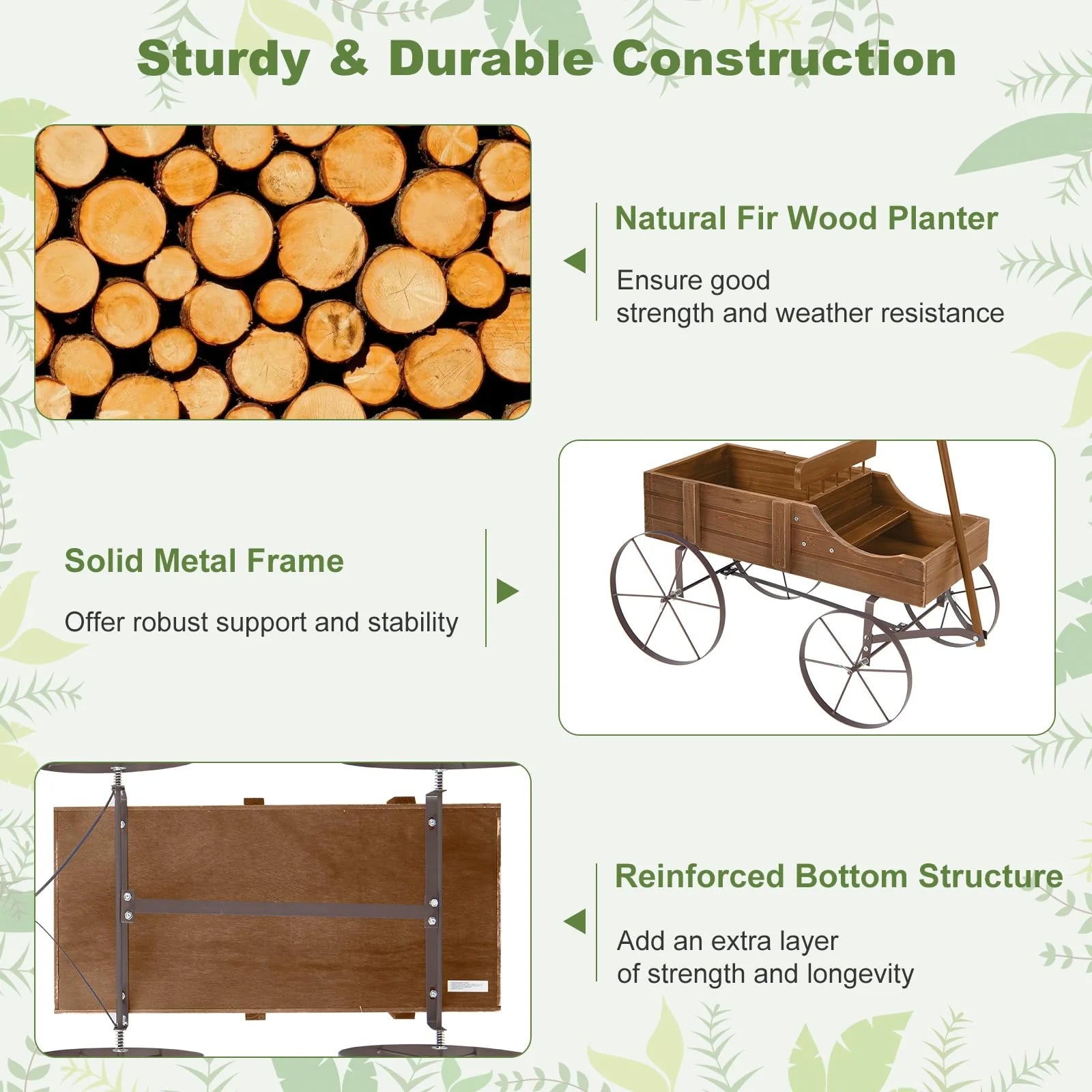 Rustic Wooden Wagon Planter, Decorative Garden Flower Cart with Metal Wheels & Adjustable Handle, Large Raised Bed Plant Stand for Patio Yard