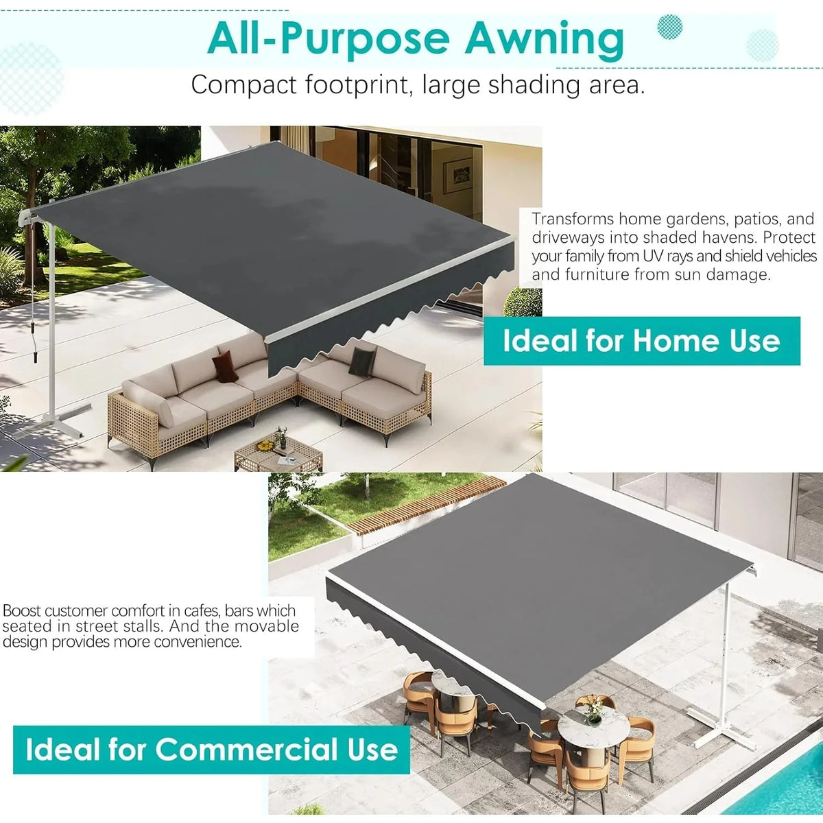 AECOJOY Free Standing Retractable Awning, 13'x10' Patio Awnings Outdoor Manual Sun Shade Shelter, Dark Grey - Product image 4