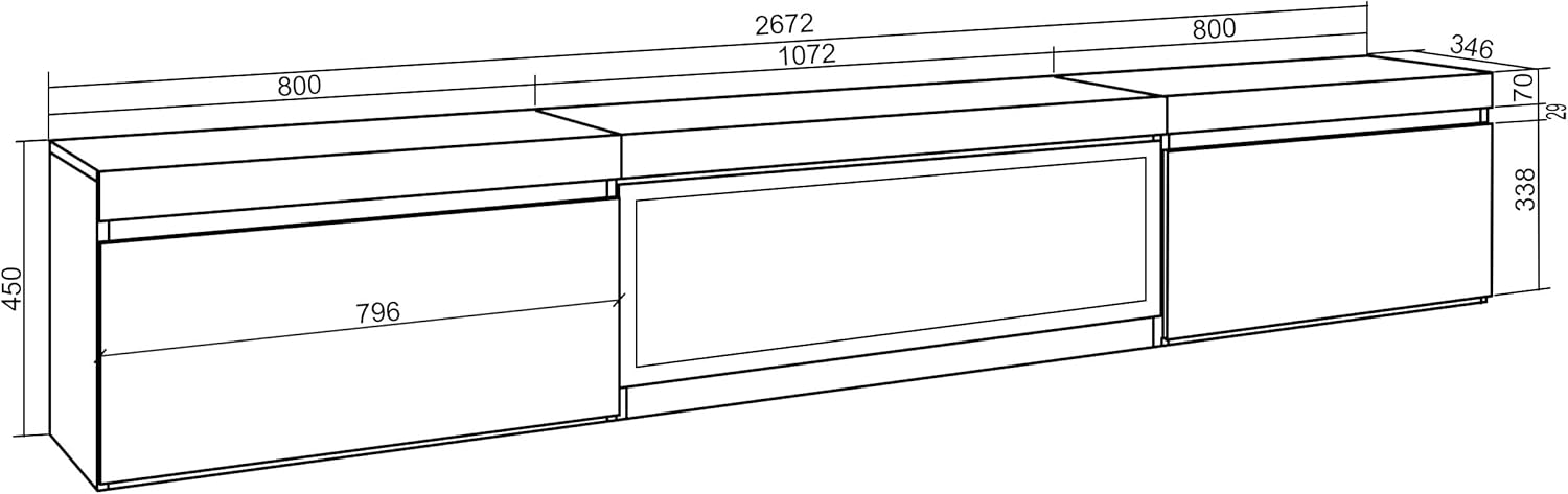 Skraut Home | TV cabinet | TV Bench | Large Storage Space | 267x45x35 cm | Large Format TV | XXL electric fireplace | Suspended, Wall | Modern Style | Black
