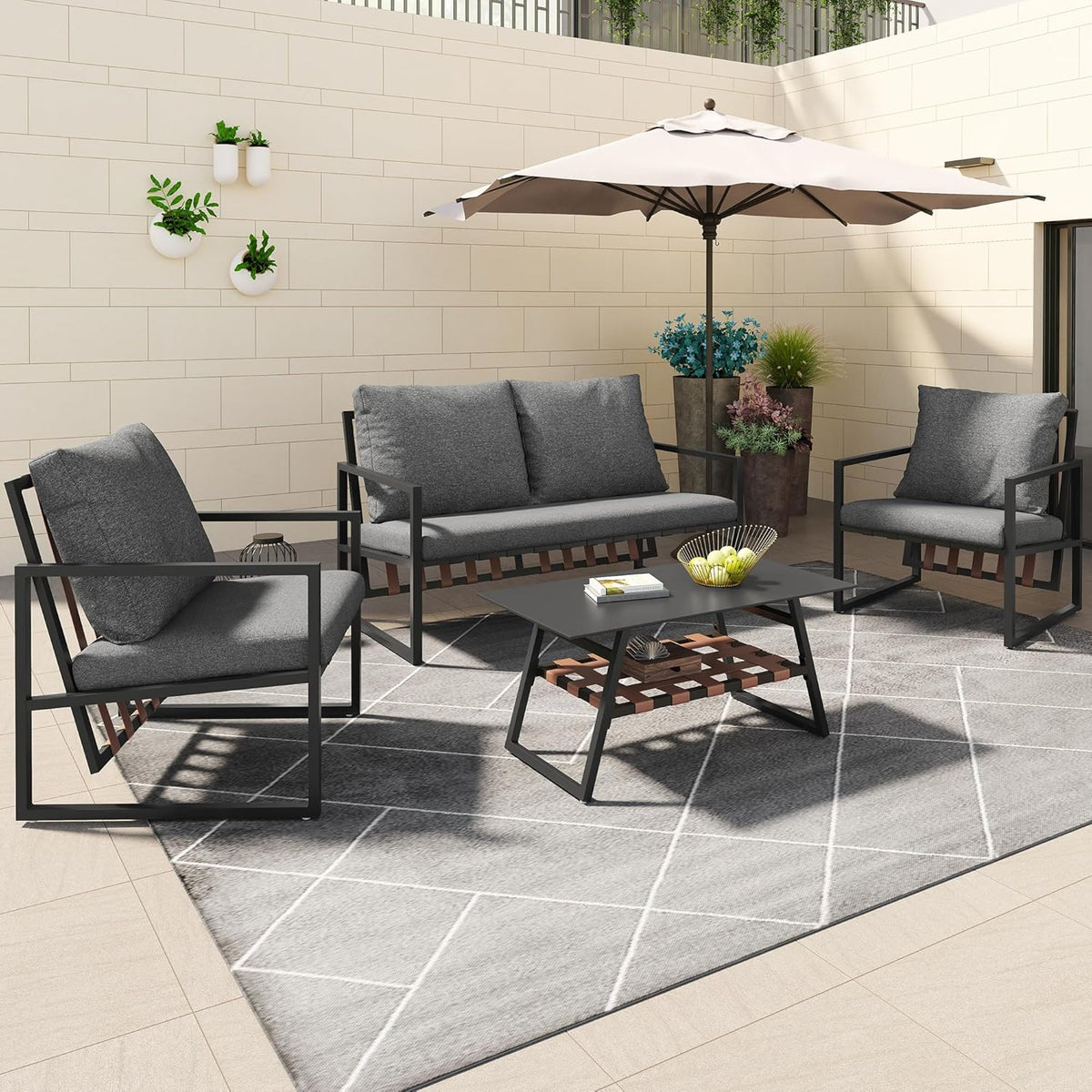 Garden furniture, garden furniture for 4 people, with sofa, coffee table and cushions, removable and washable fabric cover, black (seat cushions included)