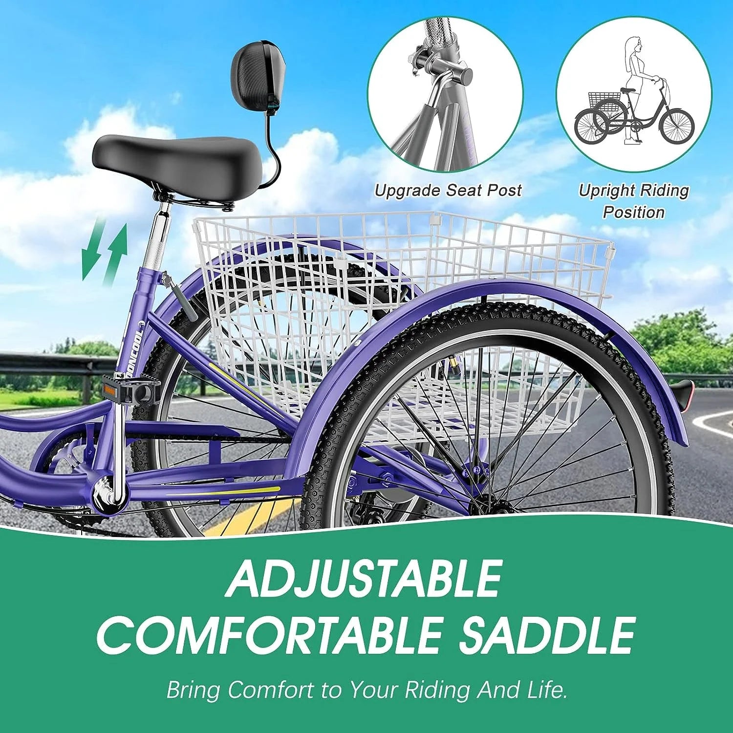 MOONCOOL Adult Tricycles with Rear Basket & Inflator, 24 26 in 7 Speed 3 Wheel Bikes, Three - Product image 155