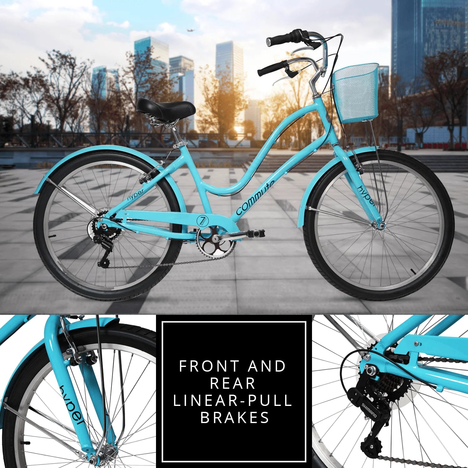 Hyper Bicycle 26" Woman'S Commute Bike with Basket, Neon Teal - Product image 3