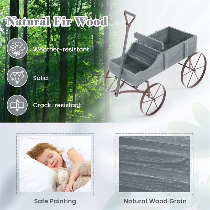 Rustic Wooden Wagon Planter, Decorative Garden Flower Cart with Metal Wheels & Adjustable Handle, Large Raised Bed Plant Stand for Patio Yard