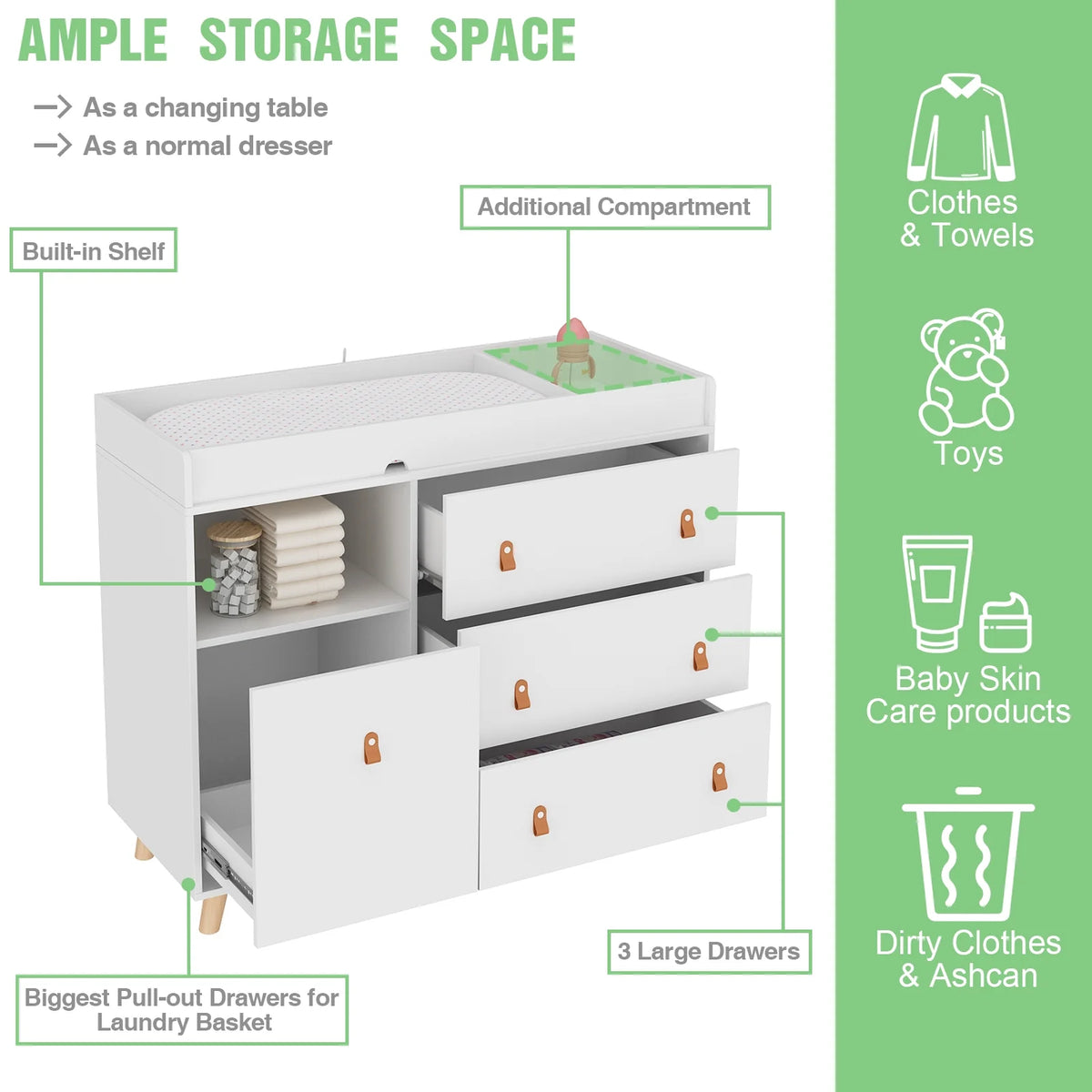 OXYLIFE 45" Baby Nursery Changing Table Dresser with 4 Drawers and Shelf for Nursery Room, White - Product image 45