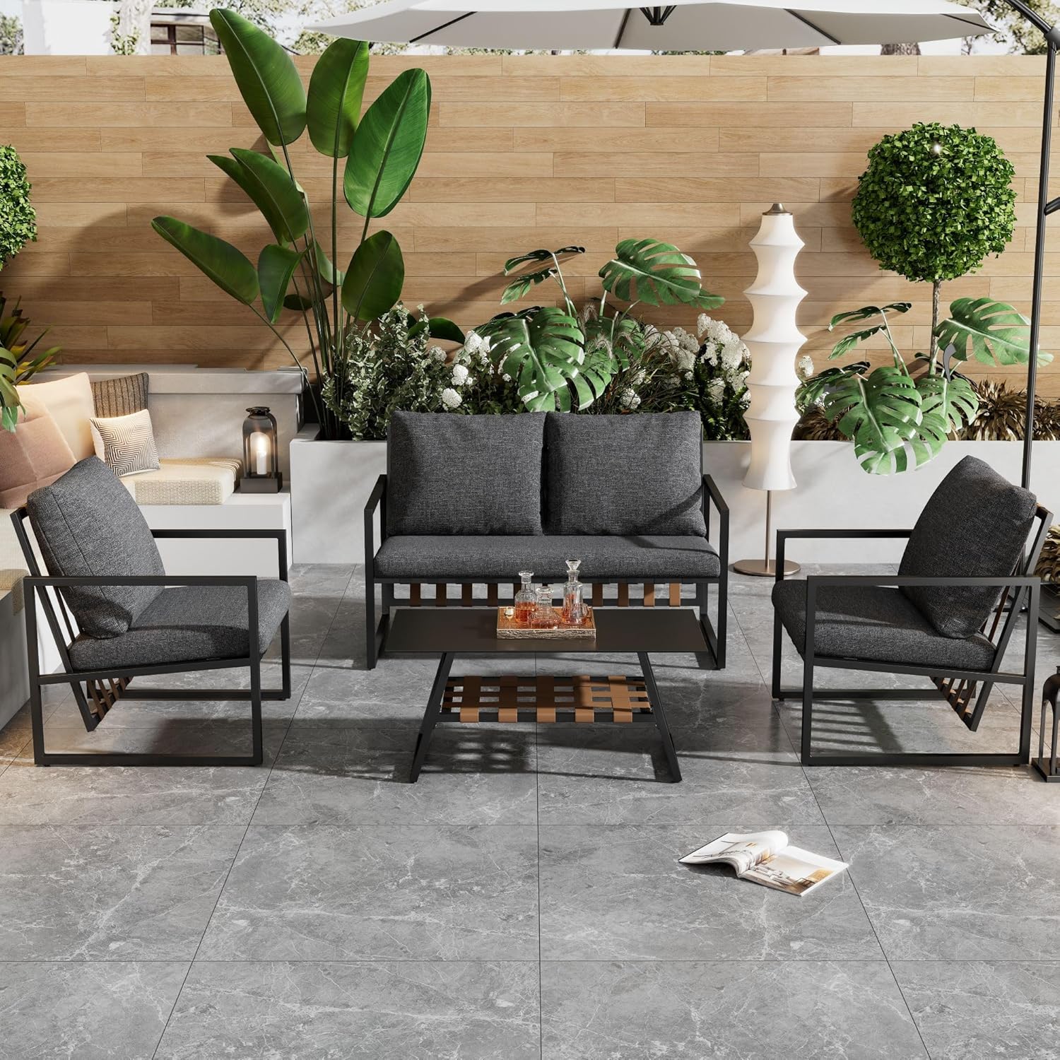 Garden furniture, garden furniture for 4 people, with sofa, coffee table and cushions, removable and washable fabric cover, black (seat cushions included)