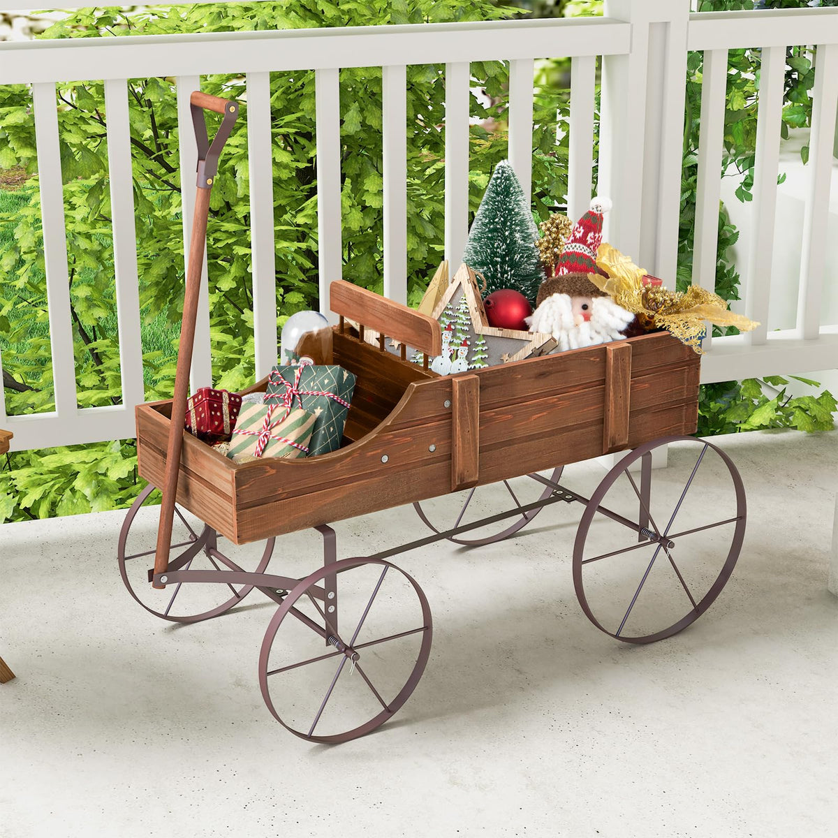 Rustic Wooden Wagon Planter, Decorative Garden Flower Cart with Metal Wheels & Adjustable Handle, Large Raised Bed Plant Stand for Patio Yard