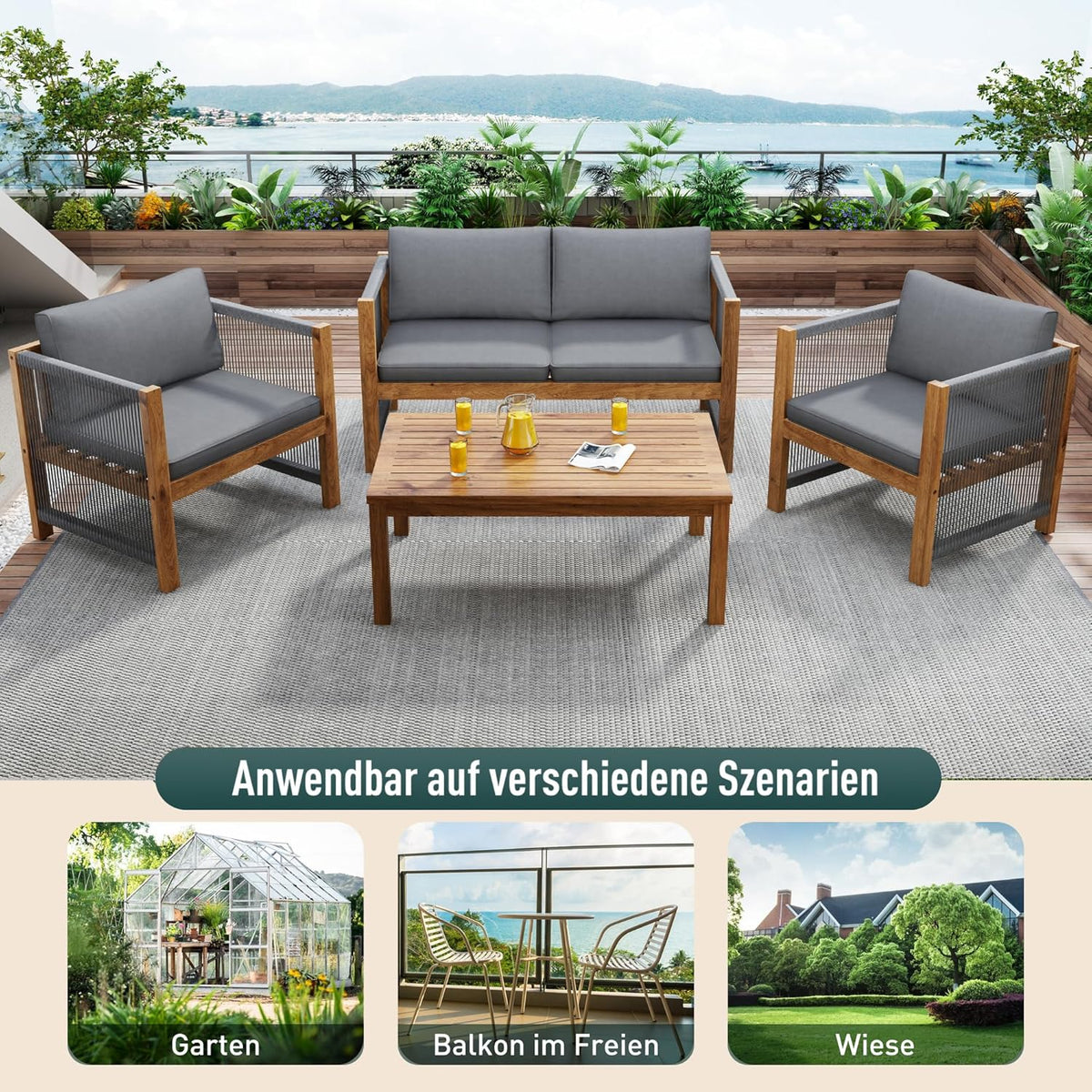 Garden furniture, garden furniture for 4 people, with sofa, coffee table and cushions, removable and washable fabric cover, black (seat cushions included)