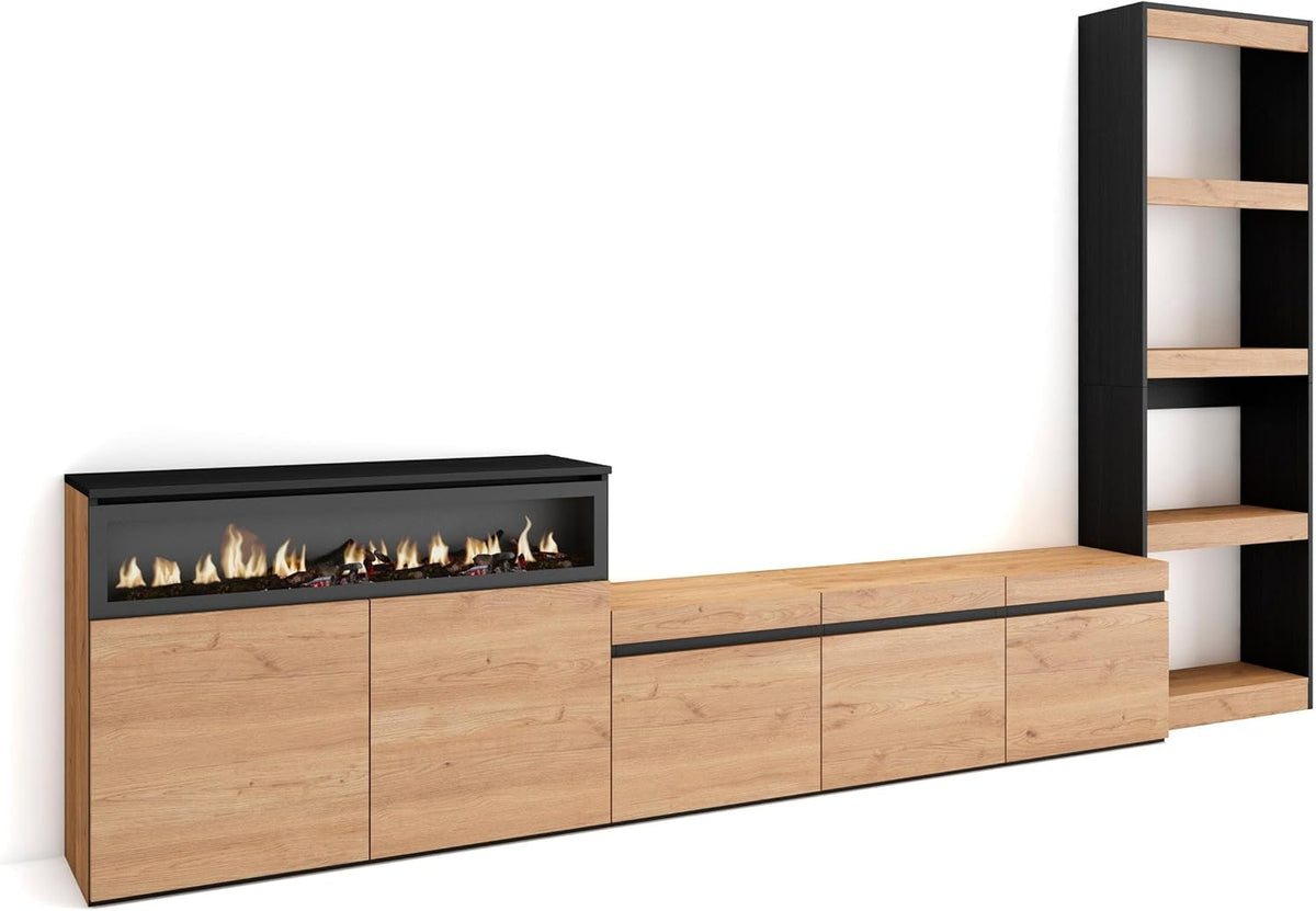Skraut Home | TV Stand Set | Complete Living Room Furniture | 310x186x35cm | for TVs up to 65" | Electric fireplace | Modern Style | Oak and Black