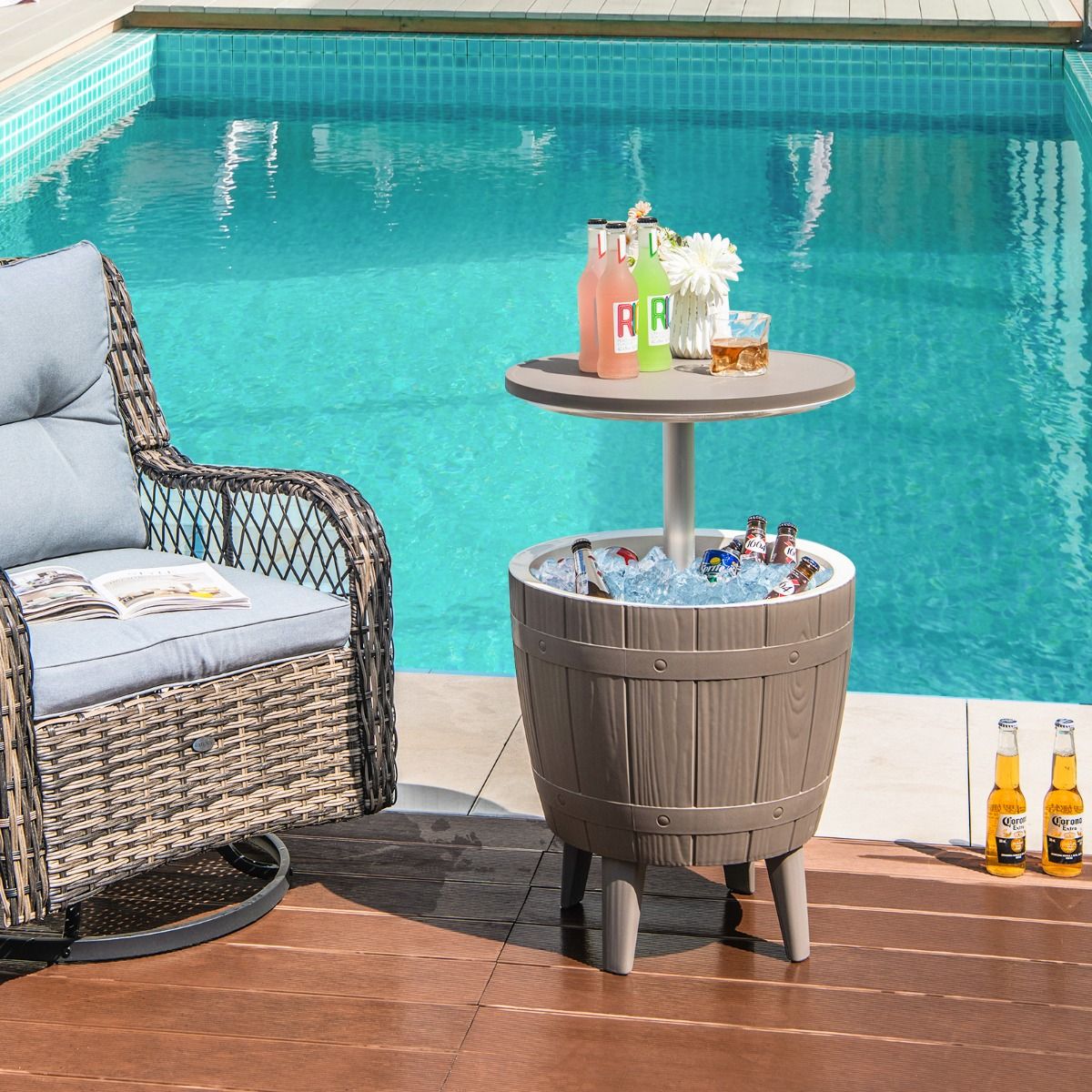 37L Cooler Table for Garden 3 in 1 with Telescopic Tray Outdoor Ice Bucket for Beer Cocktails Ø48x58/83cm Brown+White -