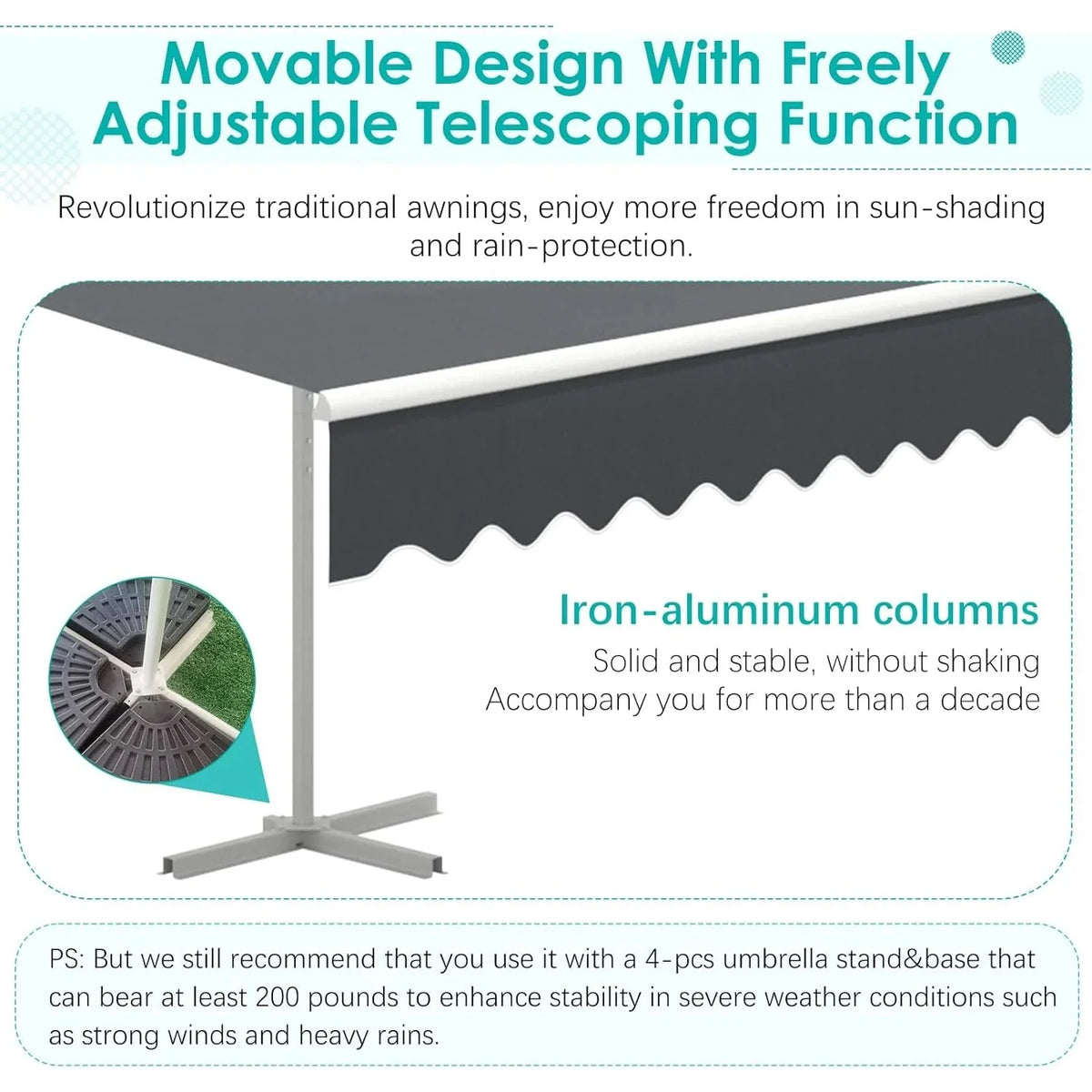 AECOJOY Free Standing Retractable Awning, 13'x10' Patio Awnings Outdoor Manual Sun Shade Shelter, Dark Grey - Product image 5