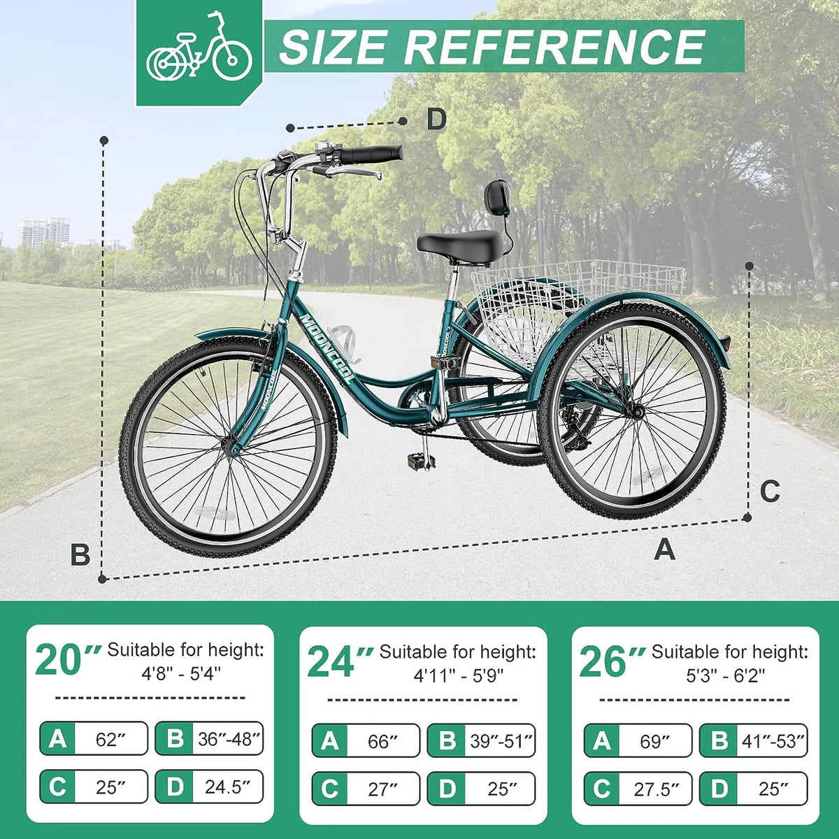 MOONCOOL Adult Tricycles with Rear Basket & Inflator, 24 26 in 7 Speed 3 Wheel Bikes, Three - Product image 94