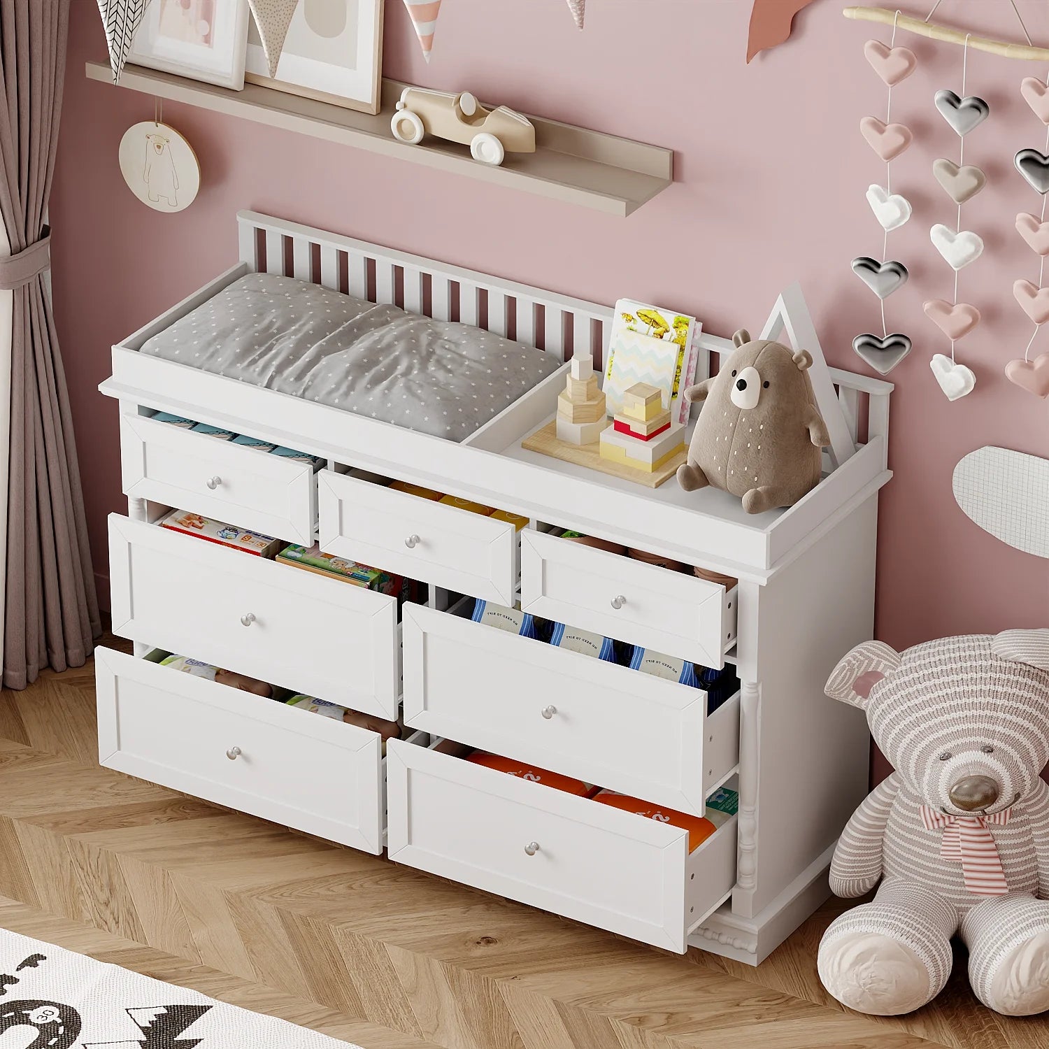 OXYLIFE 45" Baby Nursery Changing Table Dresser with 4 Drawers and Shelf for Nursery Room, White - Product image 60
