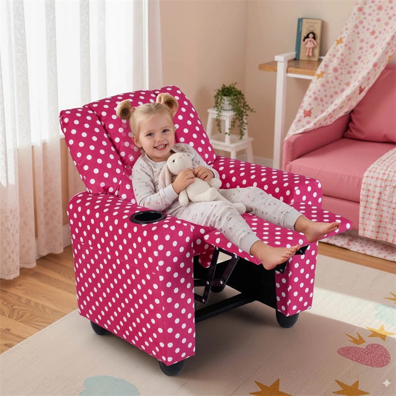 Kids Recliner Chair with Cup Holder & Side Pocket, Adjustable Toddler Lounge Sofa, Ergonomic Children Armchairs for Boys Girls Age 3+, 150lbs