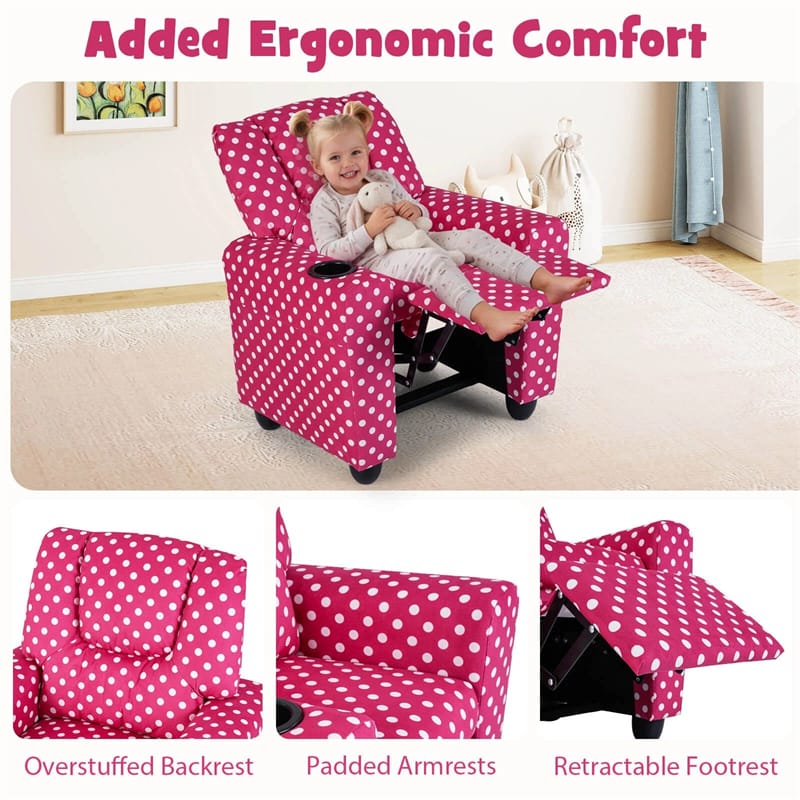 Kids Recliner Chair with Cup Holder & Side Pocket, Adjustable Toddler Lounge Sofa, Ergonomic Children Armchairs for Boys Girls Age 3+, 150lbs