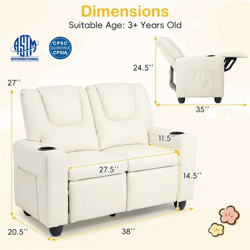 2-Seater Kids Recliner, PU Leather Reclining Loveseat with Cup Holders & 2 Side Storage Pockets - Product image 10