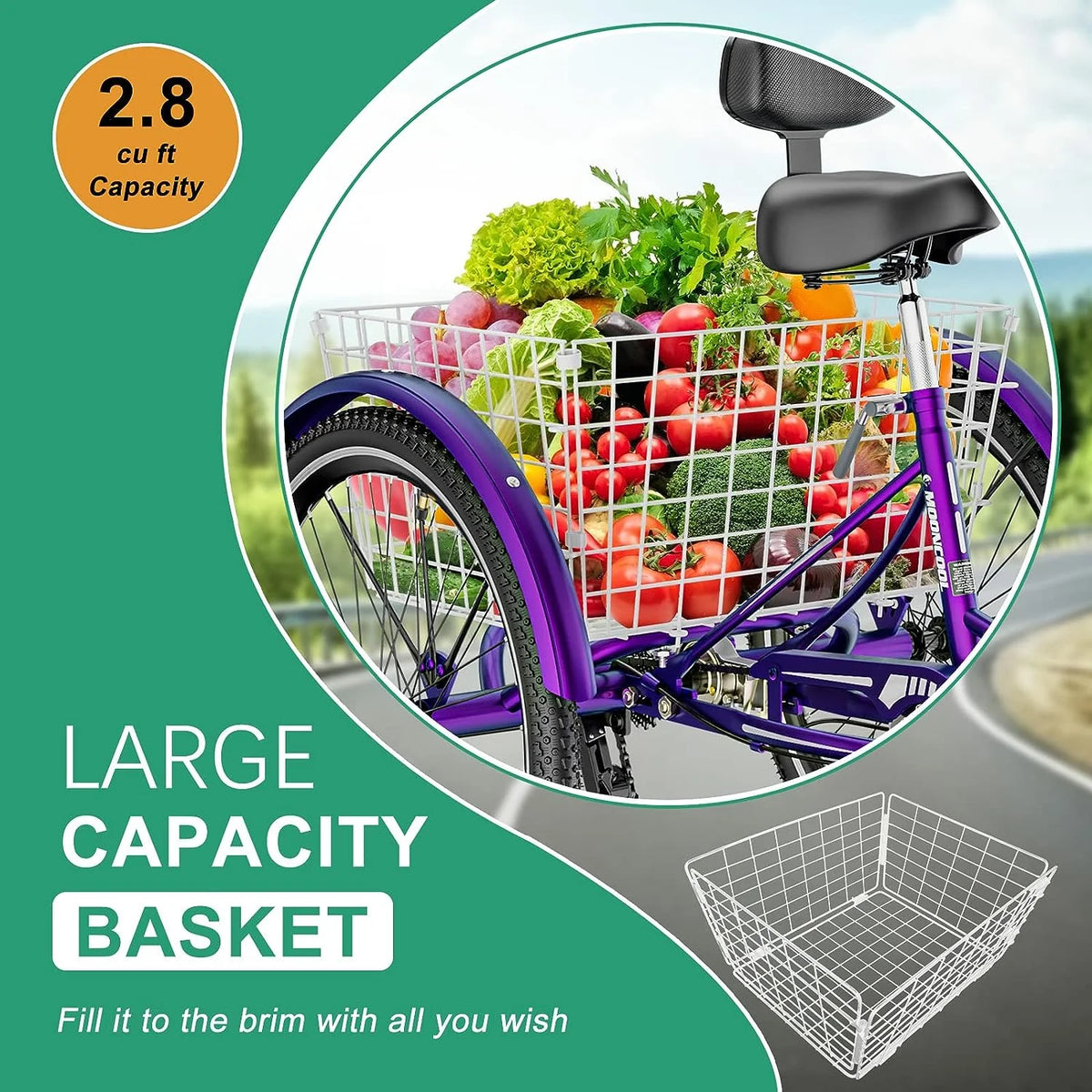 MOONCOOL Adult Tricycles with Rear Basket & Inflator, 24 26 in 7 Speed 3 Wheel Bikes, Three - Product image 108